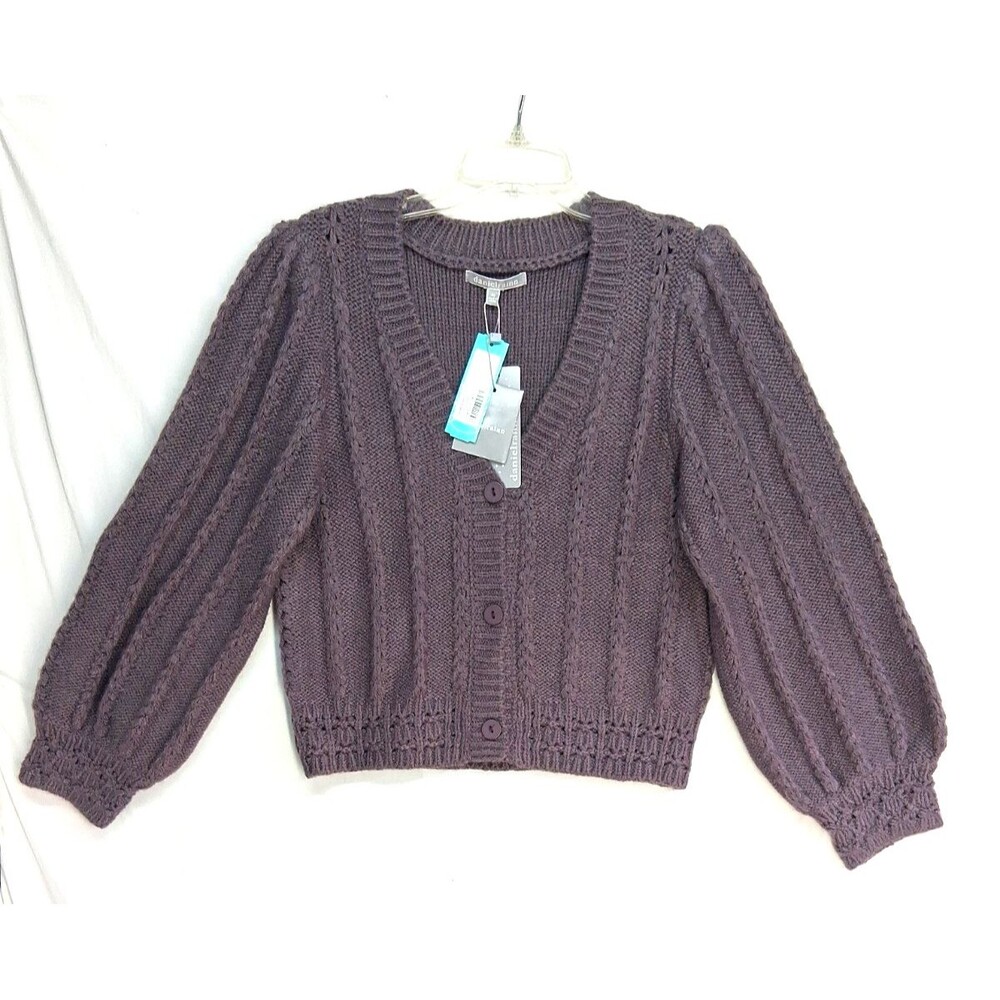New Daniel Rainn MP Women Textured Ballon Sleeve Winter Chunky Cardigan Purple